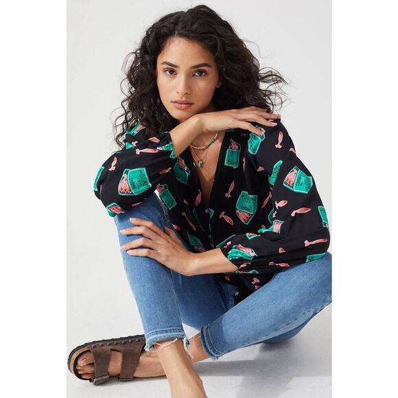 Anthropologie Womens Kendra Dandy Dreamer Button Down Shirt Sz 10 Green Black - Picture 5 of 16